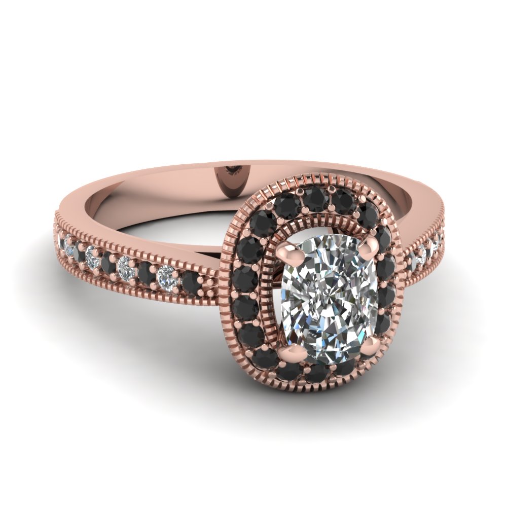 Vintage Cushion Halo Engagement Ring With Black Diamond In 14k