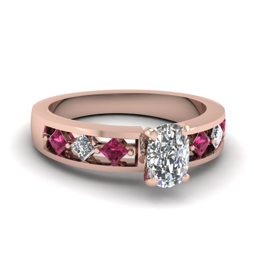 Kite Setting Cushion Cut Diamond Engagement Ring With Pink Sapphire In ...