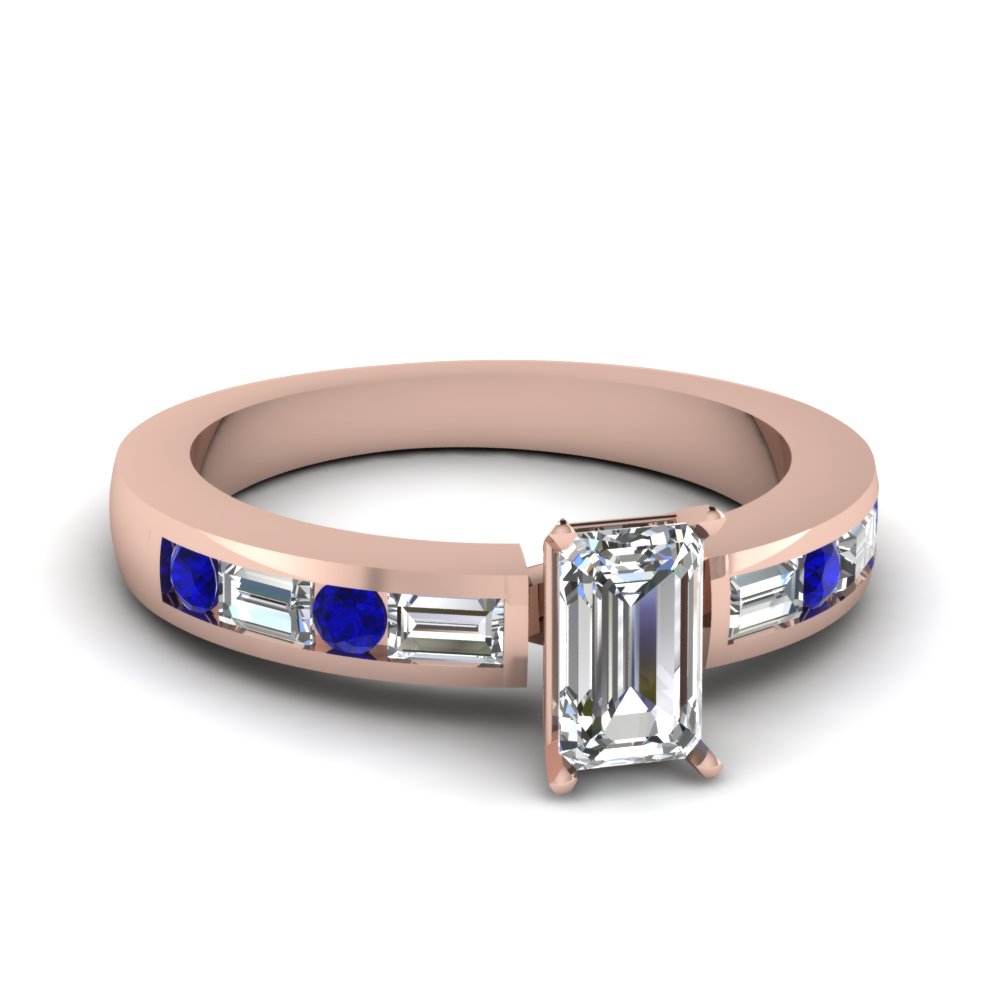 channel set baguette emerald cut diamond engagement ring with sapphire in FDENS567EMRGSABL NL RG