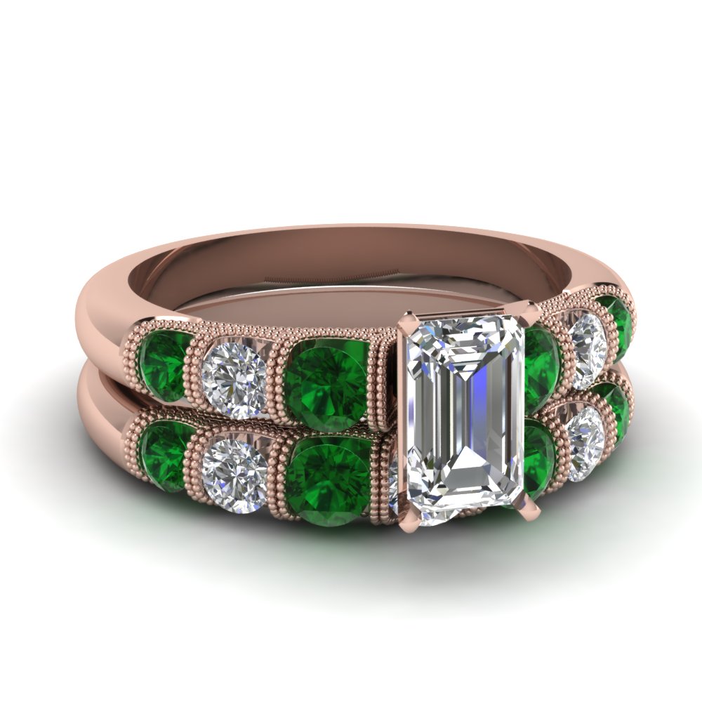 Milgrain Prong Bar Set Emerald Cut Diamond Wedding Ring