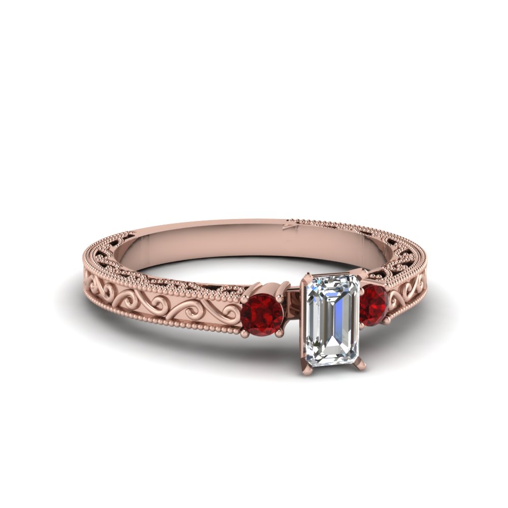 rose gold emerald white diamond engagement wedding ring with red ruby in prong set FD69806EMRGRUDR NL RG