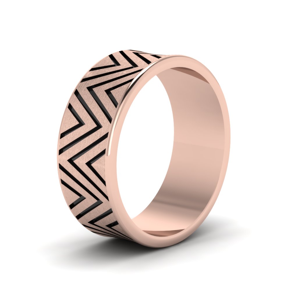 Engraved Concave Mens Wedding Band In 14K Rose Gold