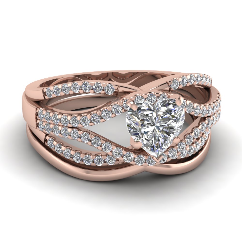 Crossover Multi Strand Heart Shaped Wedding Ring Set With Black Diamond ...