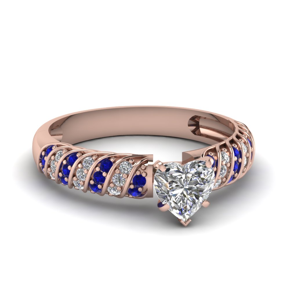 Rope Heart Diamond 14k Rose Gold Ring with Blue Sapphires