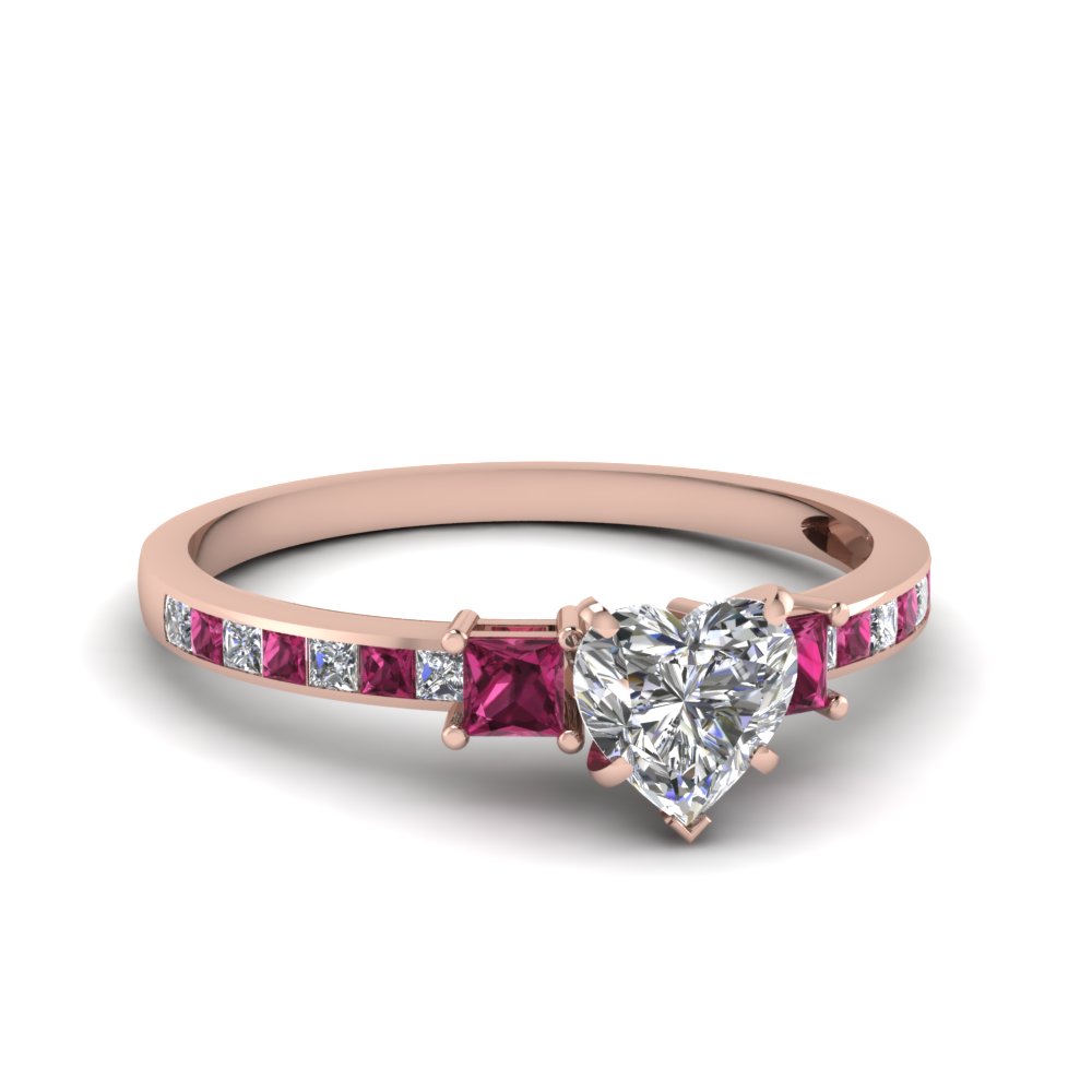 Delicate 3 Stone Heart Diamond Engagement Ring With Pink Sapphire In 14k Rose Gold Fascinating Diamonds