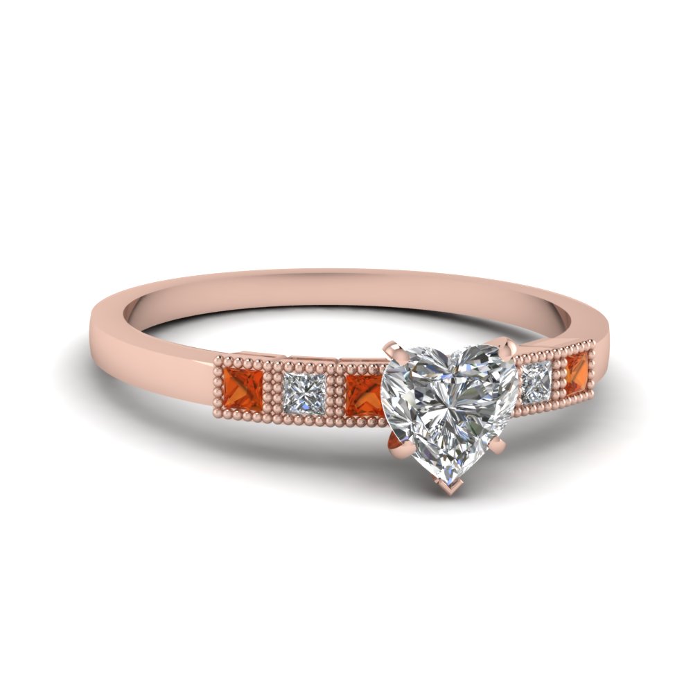 milgrain petite heart diamond engagement ring with orange sapphire in FDENS3088HTRGSAOR NL RG