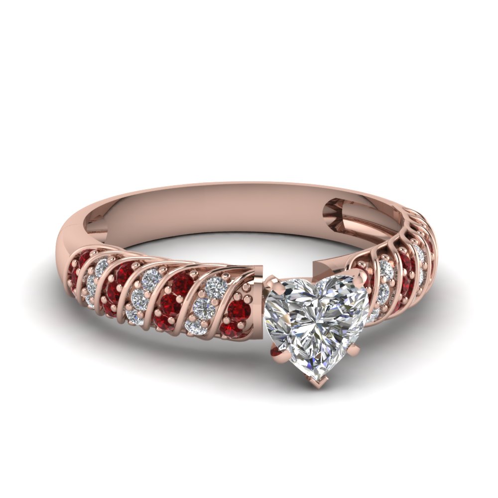 Rope Design Heart Diamond Engagement  Ring  With Ruby In 14K 