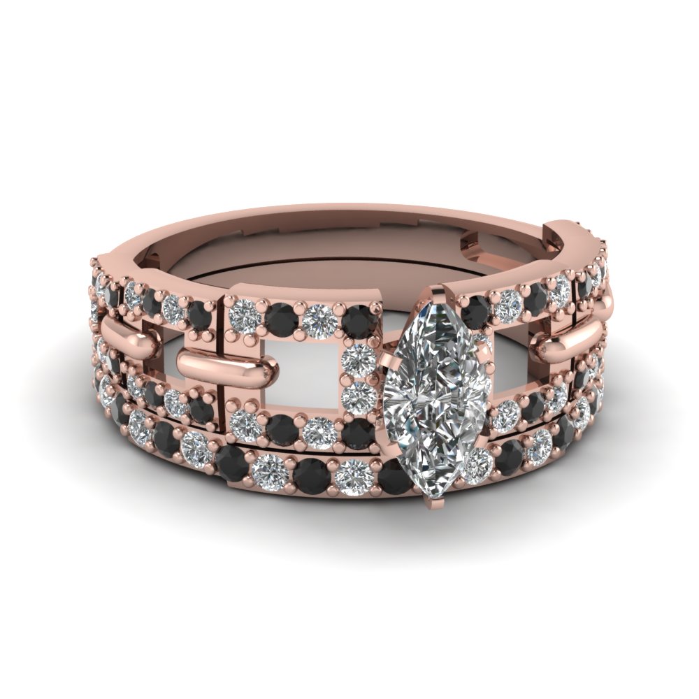 Rose Gold Marquise White Diamond Engagement Bridal Ring With Black Diamond In Pave Set FDENS3005MQGBLACK NL RG 