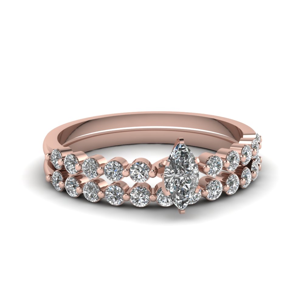 Marquise Shaped Floating Diamond Wedding Ring Set In 14K