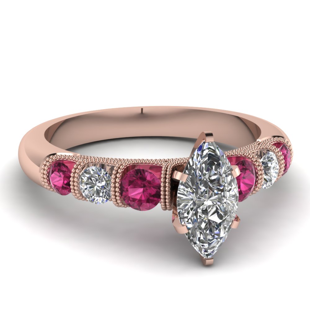 Purple Pink Sapphire Diamond Engagement Ring Rose Gold Marquise Ring