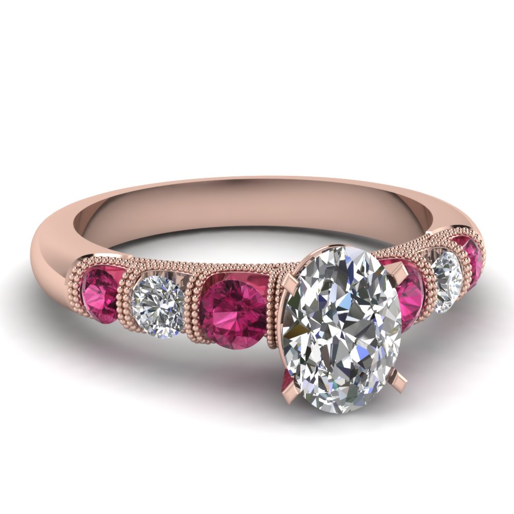 Milgrain Prong Bar Set Oval diamond Engagement Ring With Pink Sapphire ...