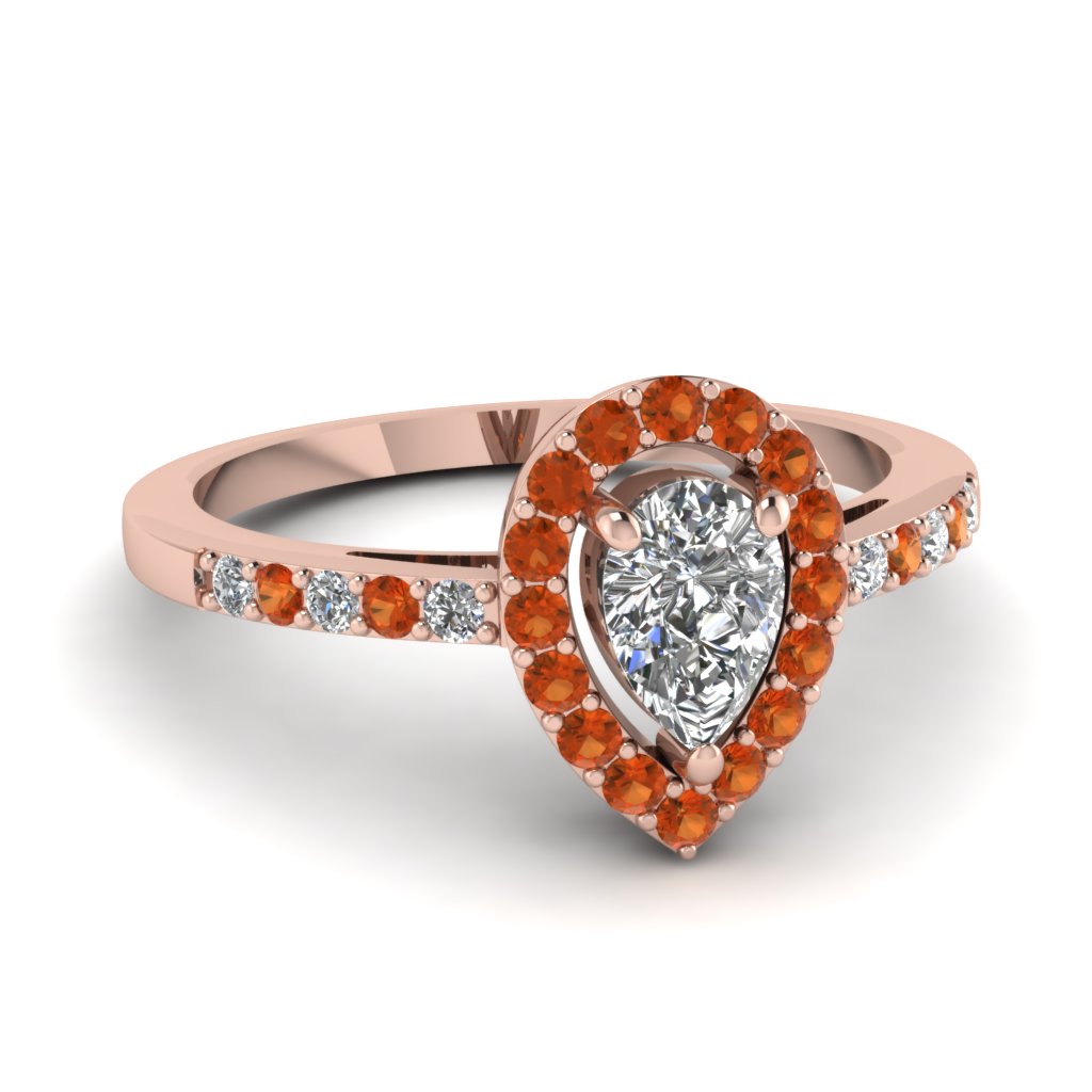  Teardrop  Halo Diamond Engagement  Ring  With Orange Sapphire 