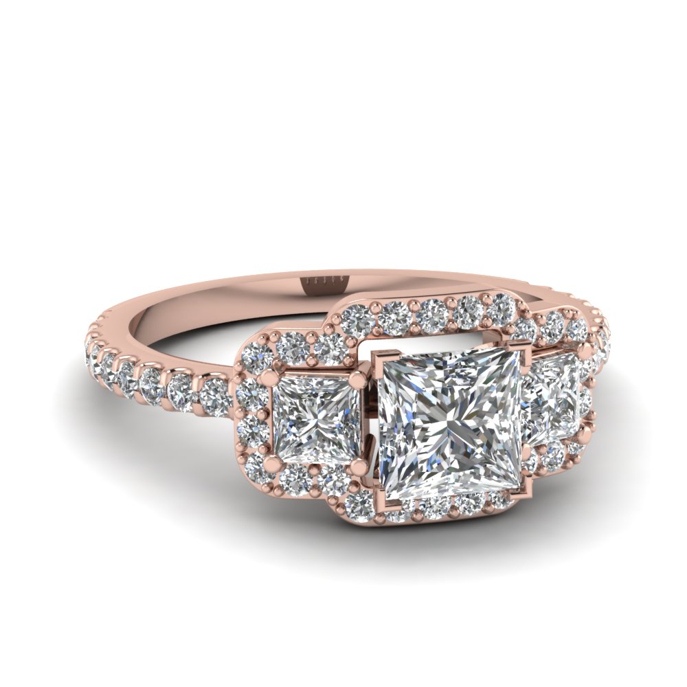 3 stone princess cut halo engagement rings