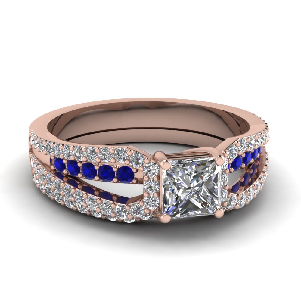 Rose Gold Princess White Diamond Engagement Wedding Ring With Blue ...
