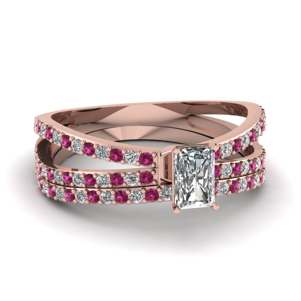 Reverse Split Shank Radiant diamond Wedding Ring Set With Pink Sapphire In  18K Rose Gold | Fascinating Diamonds