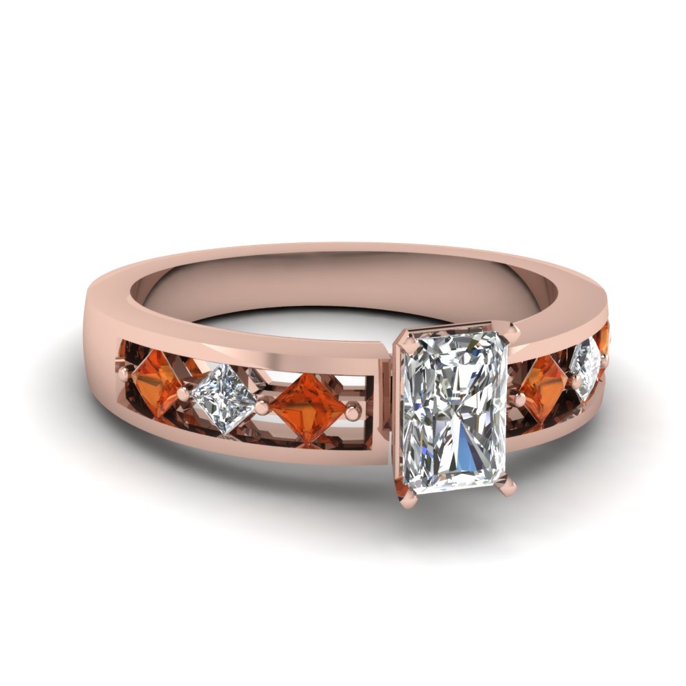 Kite Setting Radiant Cut Diamond Engagement Ring With Orange Sapphire ...