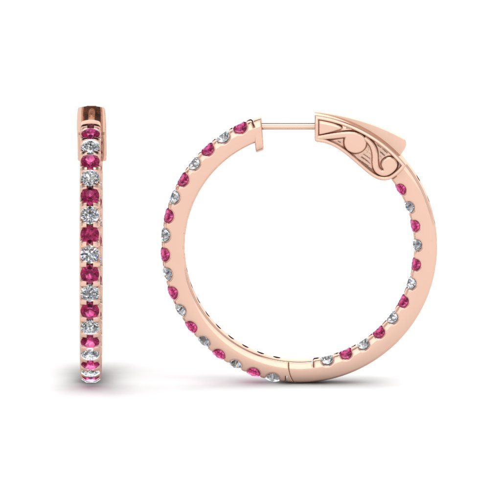 1 Carat Diamond In And Out Hoop Earring With Pink Sapphire In 14k Rose Gold Fascinating Diamonds