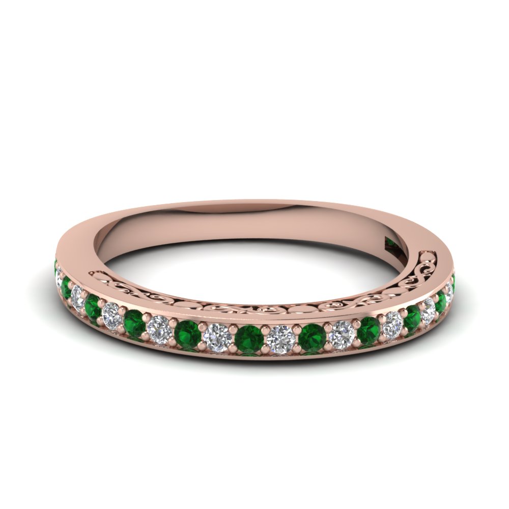 Delicate Filigree Diamond Wedding Band With Emerald In 14K