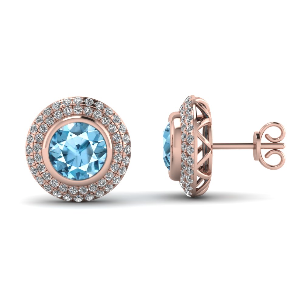 Rose Gold Round Ice Blue Topaz Stud Earrings With White Diamond In Rose Gold Round Ice Blue Topaz Stud Earrings