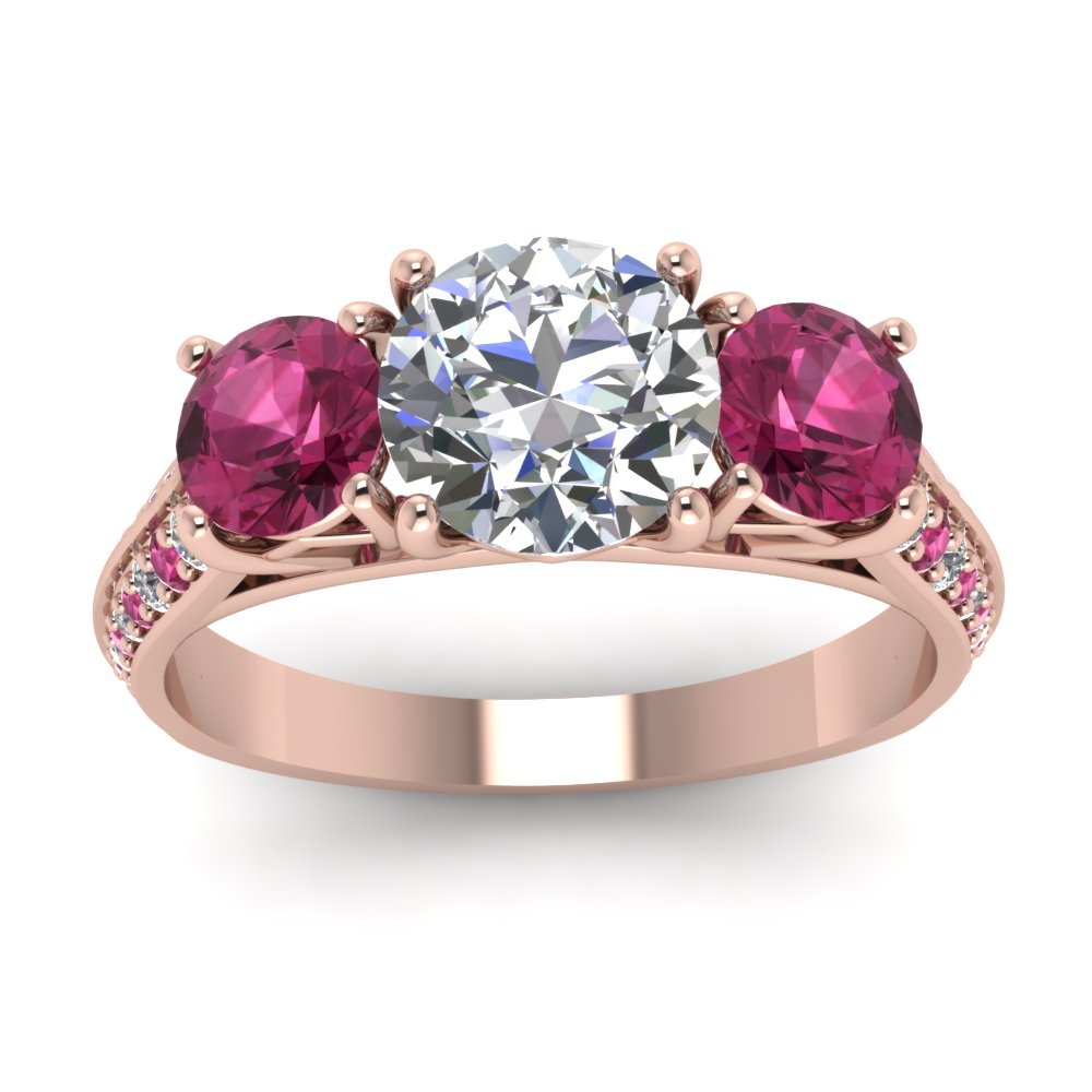 Knife Edge Pave 3 Stone Diamond Engagement Ring With Pink Sapphire In ...