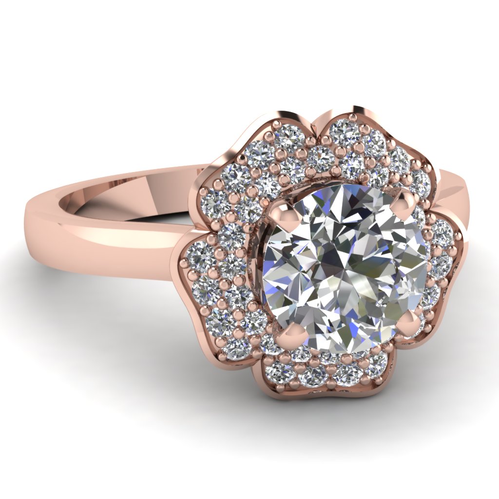 Round Cut Halo Flower  2 Row Diamond Engagement  Ring  In 14K 