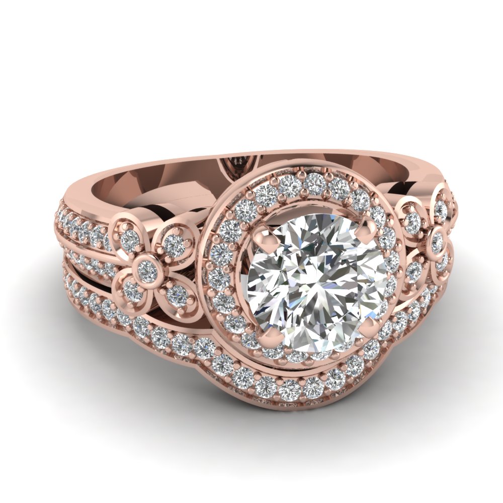 rose gold round white diamond engagement wedding ring in pave set FDENS3201RO NL RG