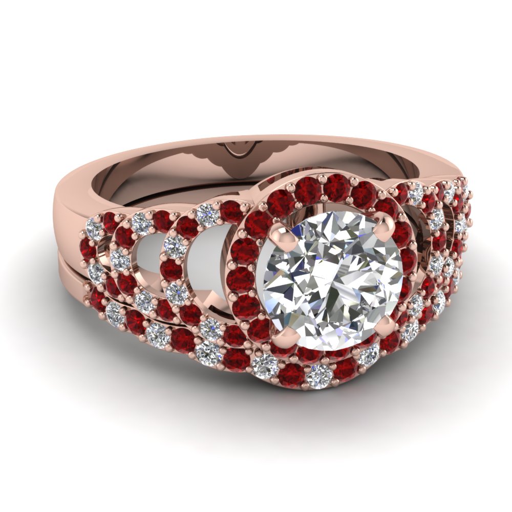 Half Circle Accent Halo Diamond Wedding Ring Set With Ruby
