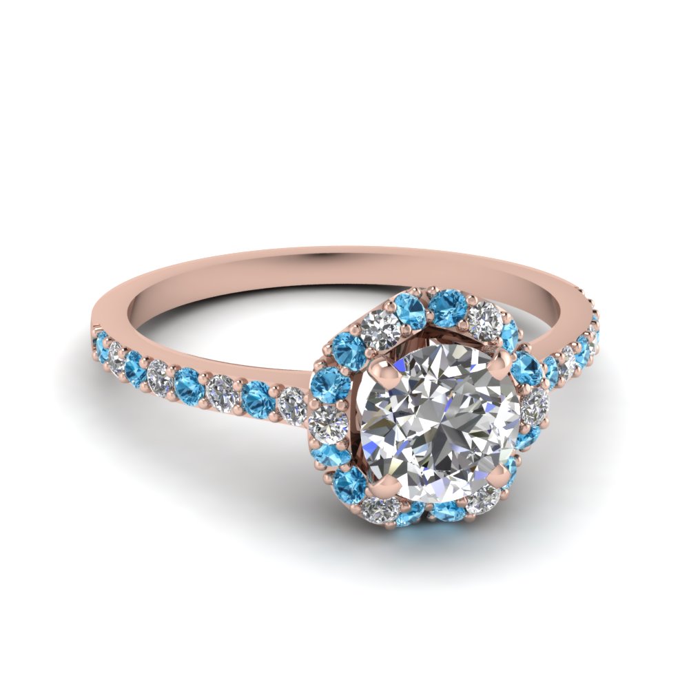 Petite Flower diamond Engagement Ring With Blue Topaz In 14K Rose Gold ...