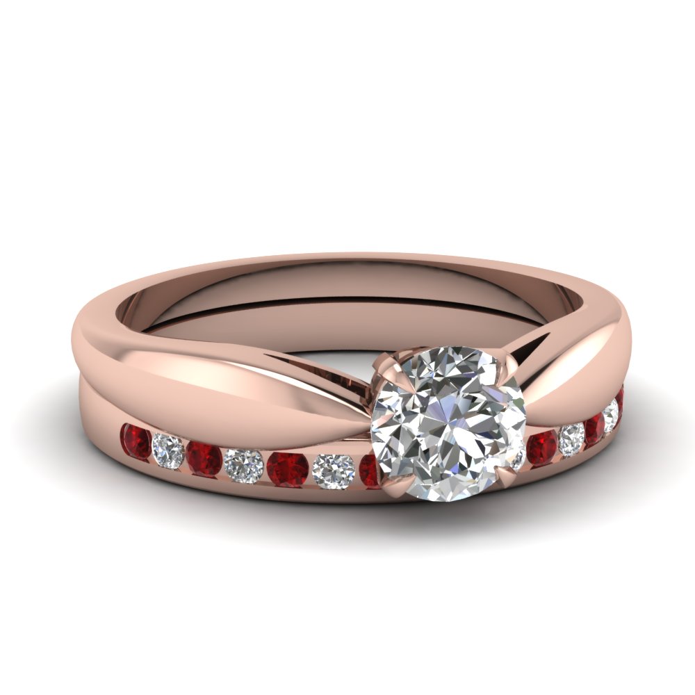 Diamond Solitaire Ring With Ruby Channel Band In 18K Rose