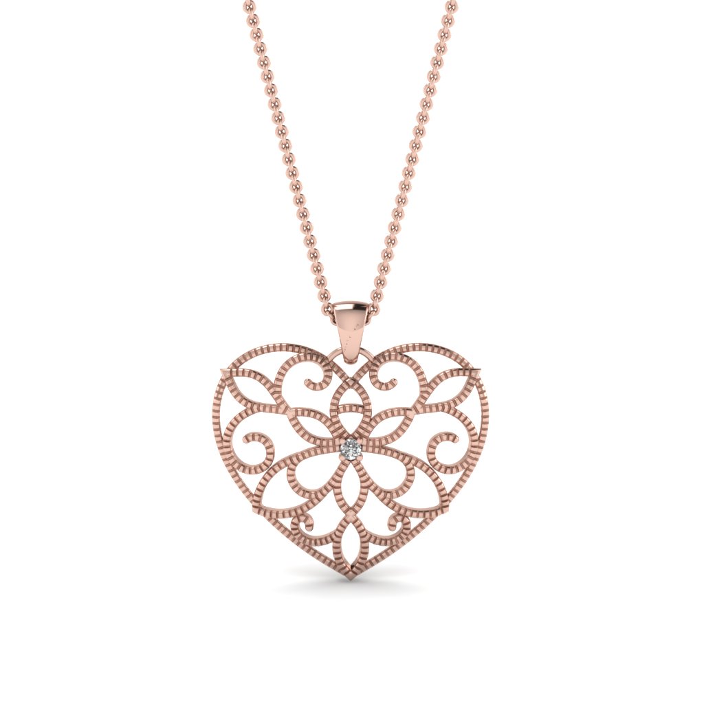 rose gold round white diamond magnolia heart pendant in prong set FDPD84895 NL RG