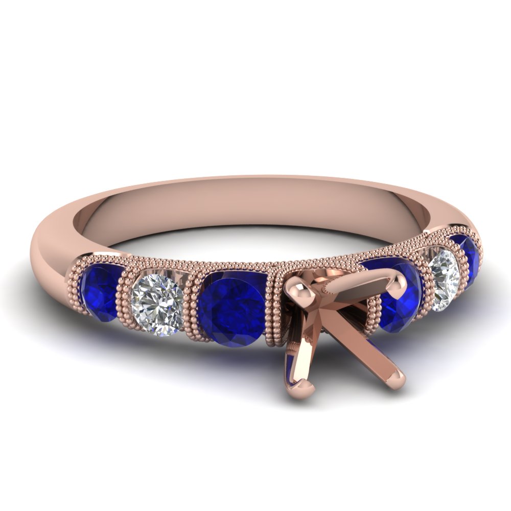 milgrain prong bar set semi mount diamond engagement ring with sapphire in FDENS1783SMRGSABL NL RG