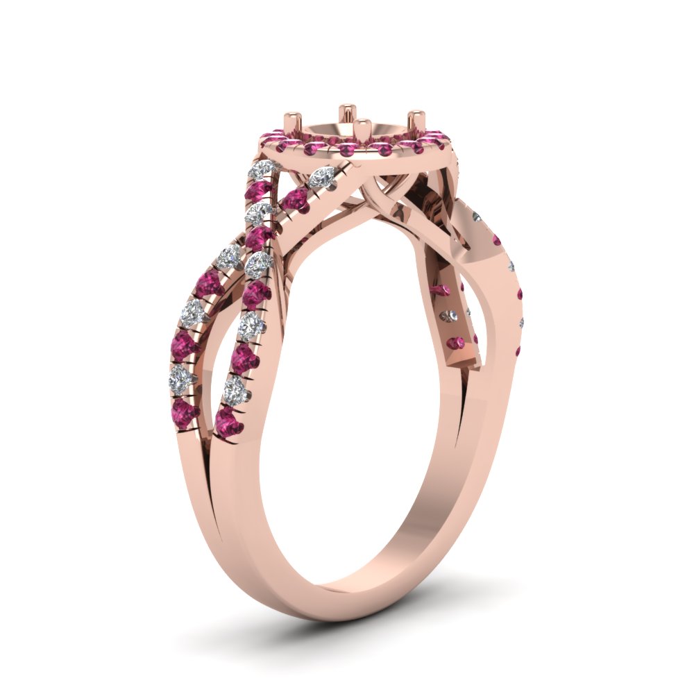 Entwined Halo Semi Mount Diamond Engagement Ring With Pink Sapphire In ...