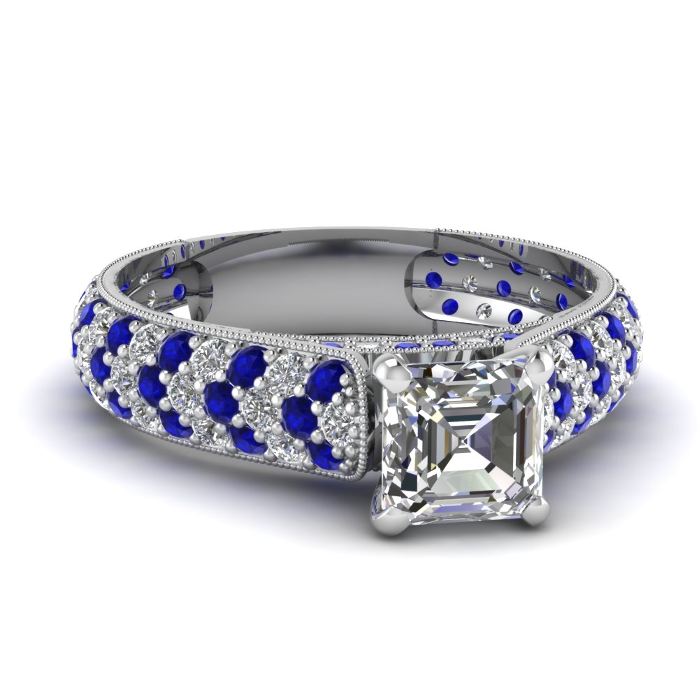 Asscher Cut Diamond Milgrain Ring with Blue Sapphires