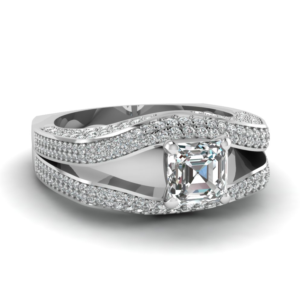 white gold asscher white diamond engagement wedding ring in pave set FD121675ASR NL WG