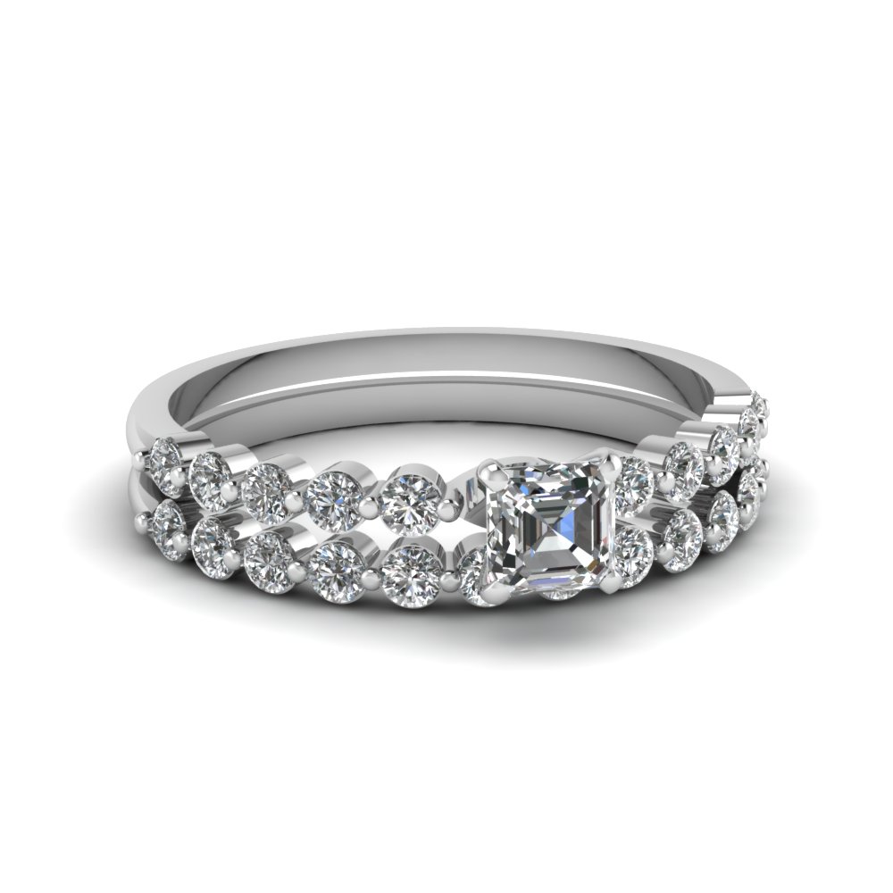 Asscher Cut Floating Diamond Wedding Ring Set In 14K White