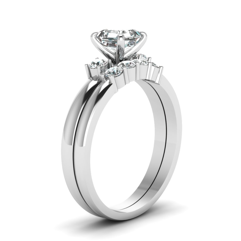 Basket Prong Asscher Diamond 3 Stone Wedding Set In 14K White Gold ...