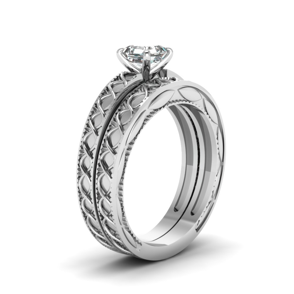 Asscher Shaped Cross Wave Set with undefined in 14K White Gold