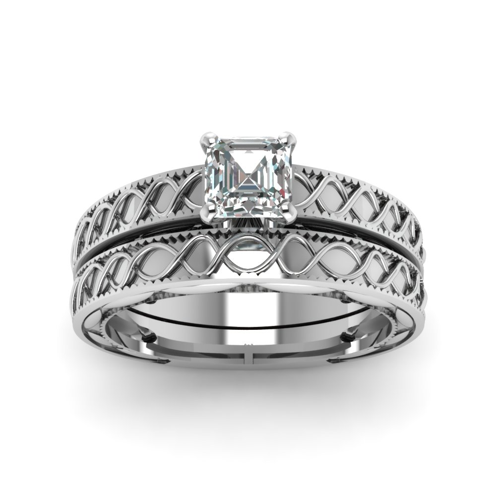 Asscher Shaped Cross Wave Set with undefined in 14K White Gold