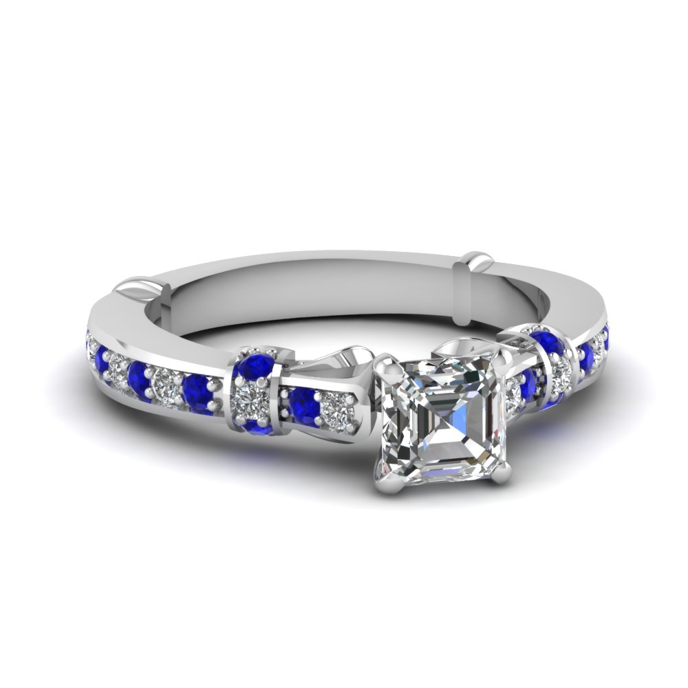asscher cut antique high set diamond ring with blue sapphire in FDENS3318ASRGSABL NL WG