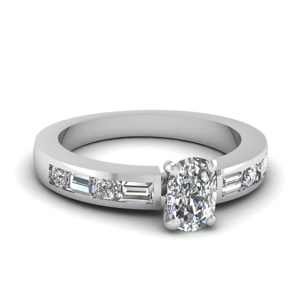 Channel Set Baguette Cushion Diamond Engagement Ring In 14K White Gold ...