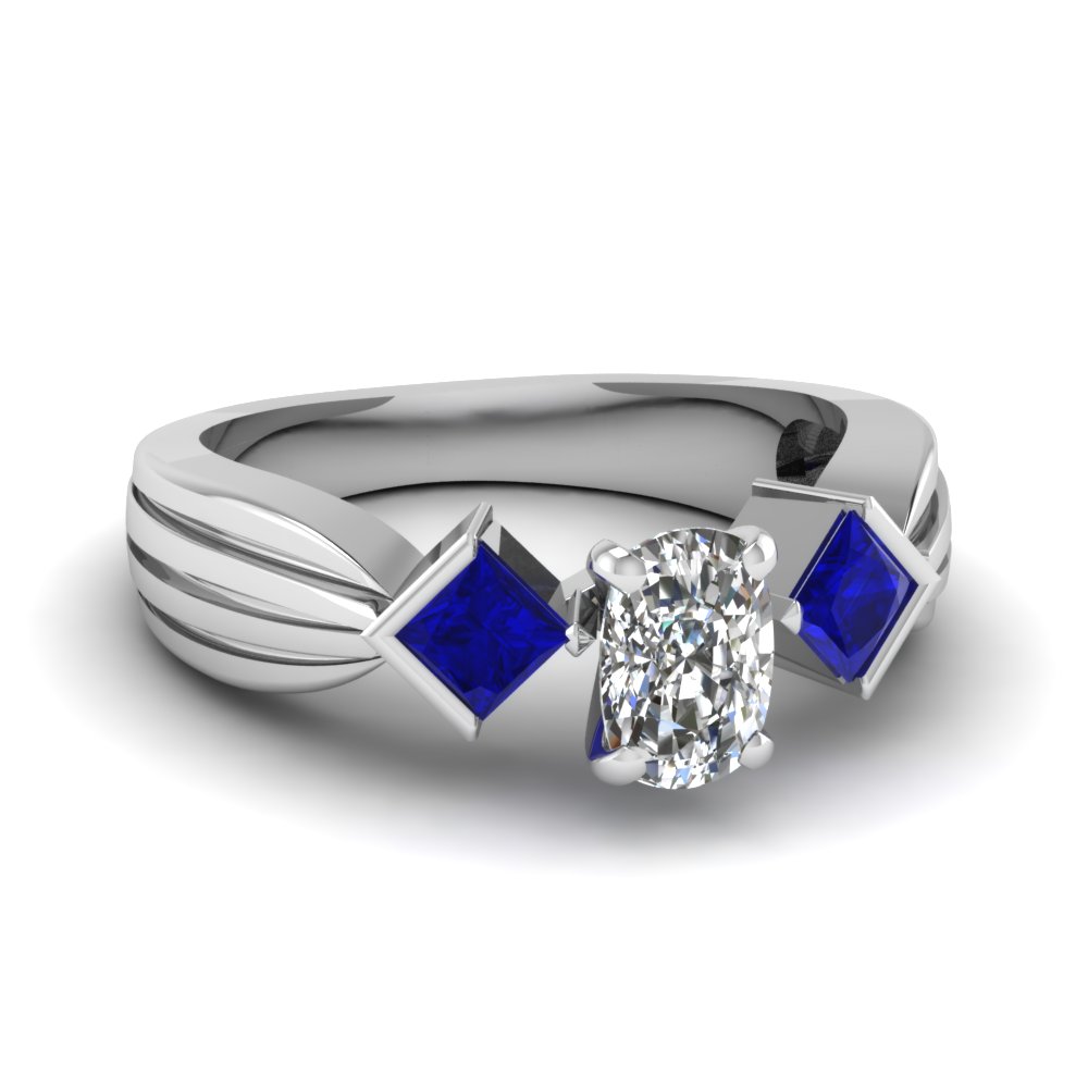 Cushion Cut 3 Stone Diamond & Blue Sapphire Engagement Rings