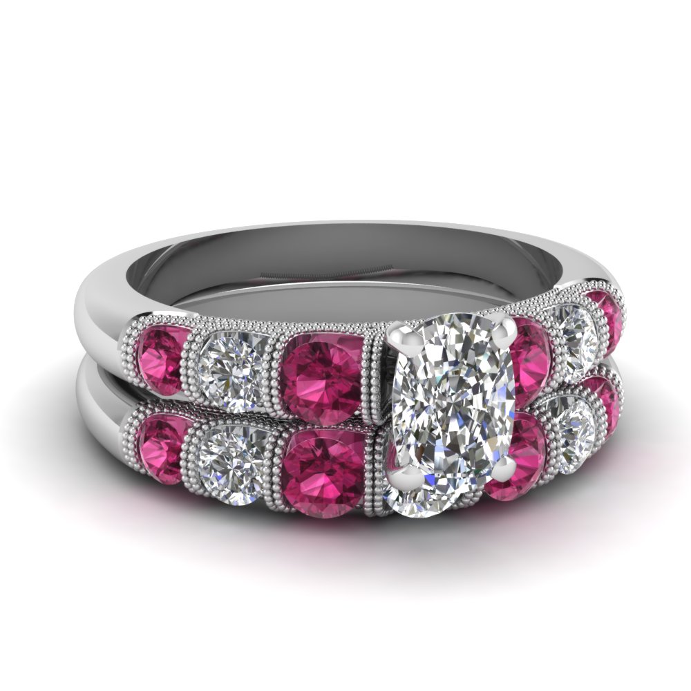 Cushion Cut Pink Sapphire Ring Sets