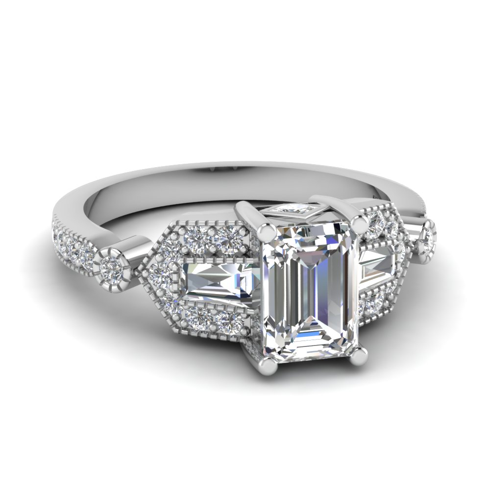 Milgrain Art Deco Emerald Cut Diamond Engagement Ring In