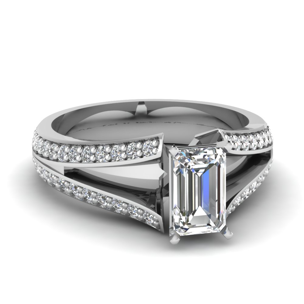 Pave Split Shank Emerald Cut Diamond Engagement Ring In 14K White Gold ...