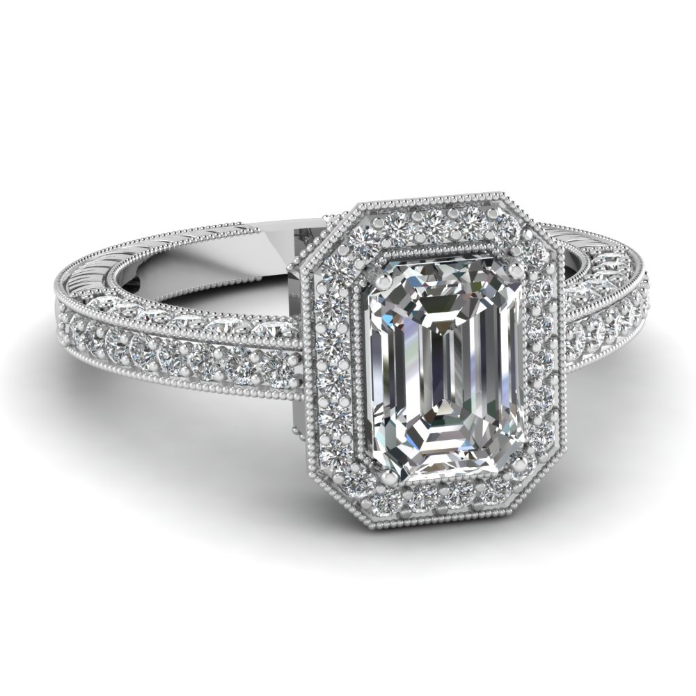 Vintage Halo Emerald Cut Diamond Ring