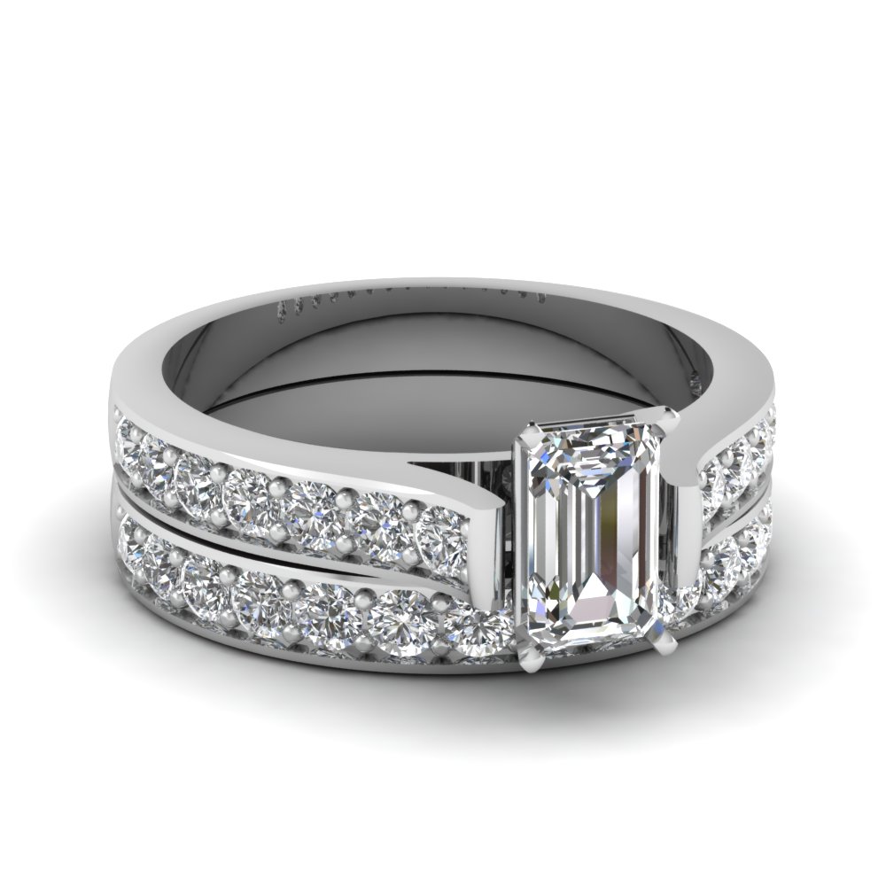 Cathedral Pave Emerald Cut diamond Wedding Ring Set In 14K White Gold ...