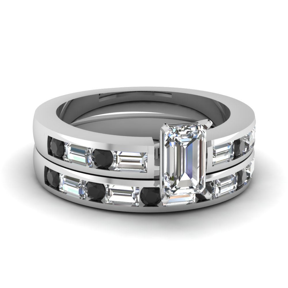 Channel Set Baguette Emerald Cut Wedding Ring Set With Black Diamond