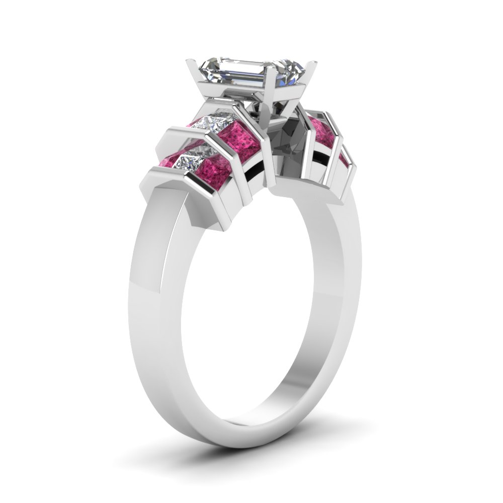 Wide Bar Set Emerald Cut Diamond Engagement Ring With Pink Sapphire In