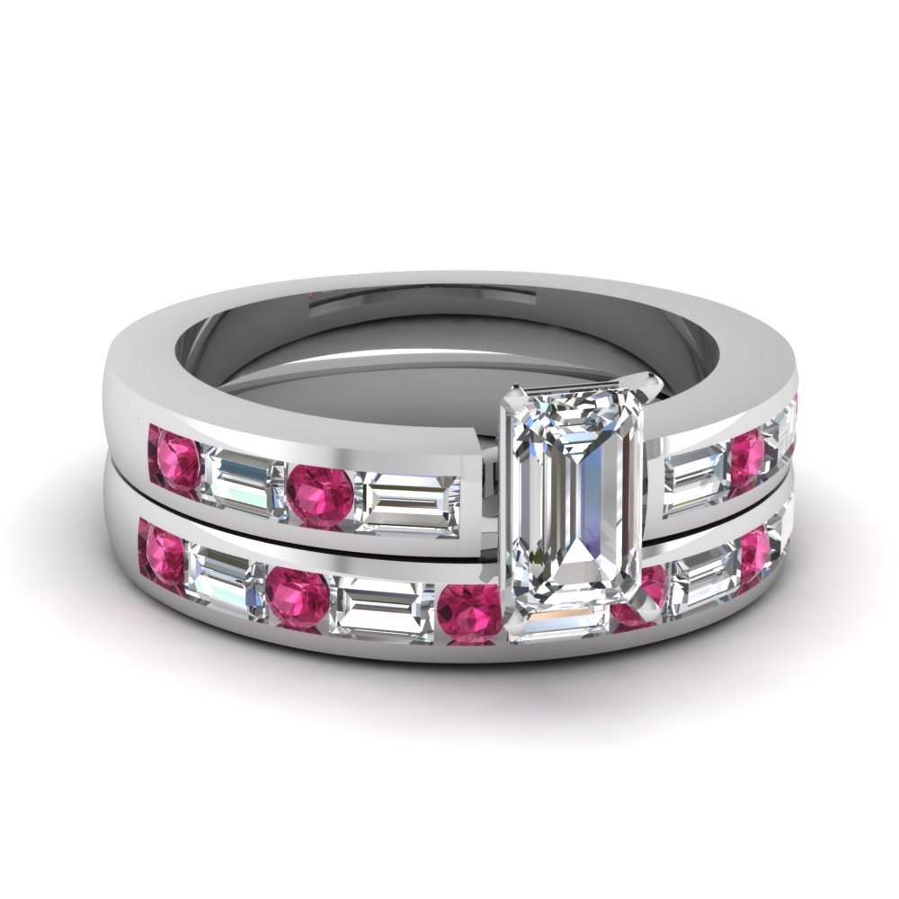 Channel Set Baguette Emerald Cut Diamond Wedding Ring Set