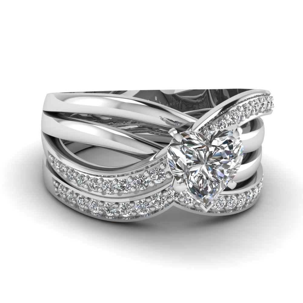 White Gold Heart White Diamond Engagement Wedding Ring In Pave Set